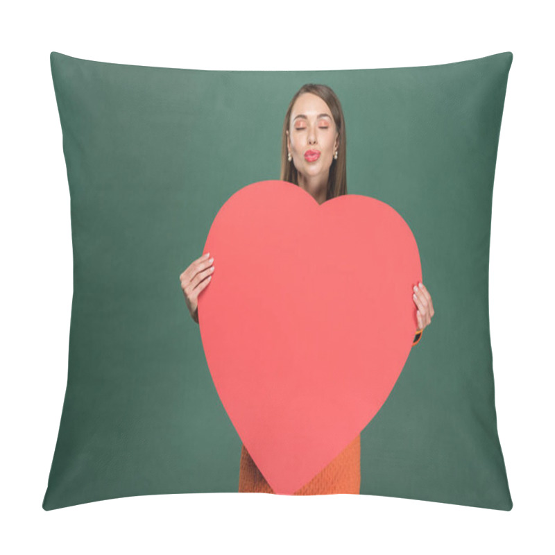 Personality  Beautiful Woman Pouting Lips And Holding Heart Shaped Paper Card With Copy Space Isolated On Green Pillow Covers