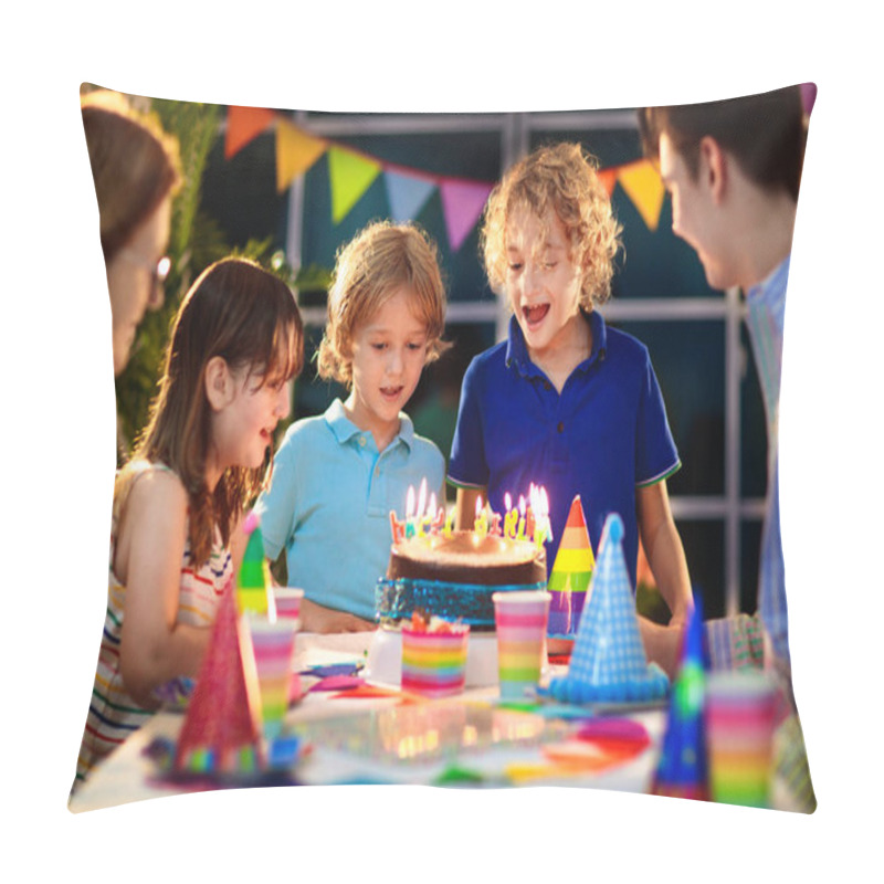 Personality  Kids Birthday Party. Child Blowing Candles On Cake And Opening Presents. Pastel Rainbow Theme Celebration. Family Celebrating At Home. Boy Opening Gifts, Eating Cakes. Sweets For Children. Pillow Covers