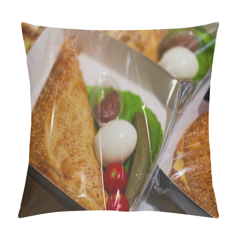 Personality  Packaged Meal Features A Savory Pastry Sprinkled With Sesame Seeds, Paired With Fresh Vegetables: A Boiled Egg, Cherry Tomatoes, Pickle, And Lettuce. A Compact And Convenient Ready-to-go Snack Option Pillow Covers