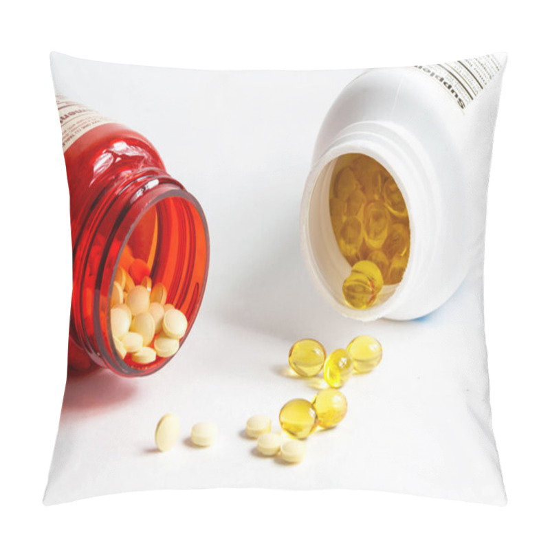 Personality  Vitamin Pills And Bottles On White Bacground Pillow Covers