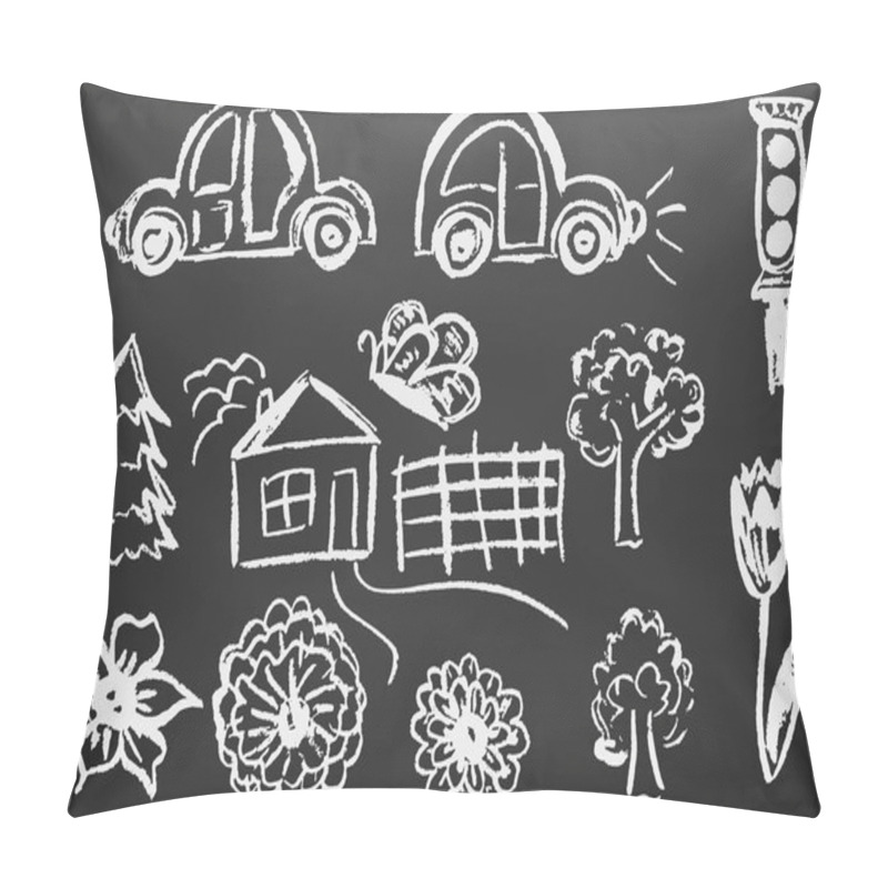 Personality  Child Drawing With White Chalk On A Black Board. Design Elements Of Packaging, Postcards, Wraps, Covers. Sweet Children's Creativity. Cars, Traffic Light, Tree, Tree, Butterfly, House, Fence, Flowers, Tulip Pillow Covers