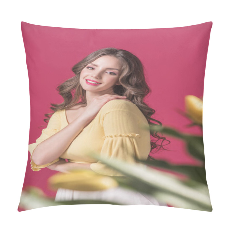 Personality  Attractive Girl With Flowers Looking At Camera Isolated On Burgundy Pillow Covers