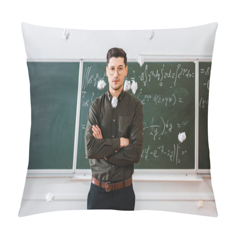 Personality  Crumpled Paper Balls Flying At Male Teacher With Arms Crossed In Classroom With Chalkboard On Background Pillow Covers