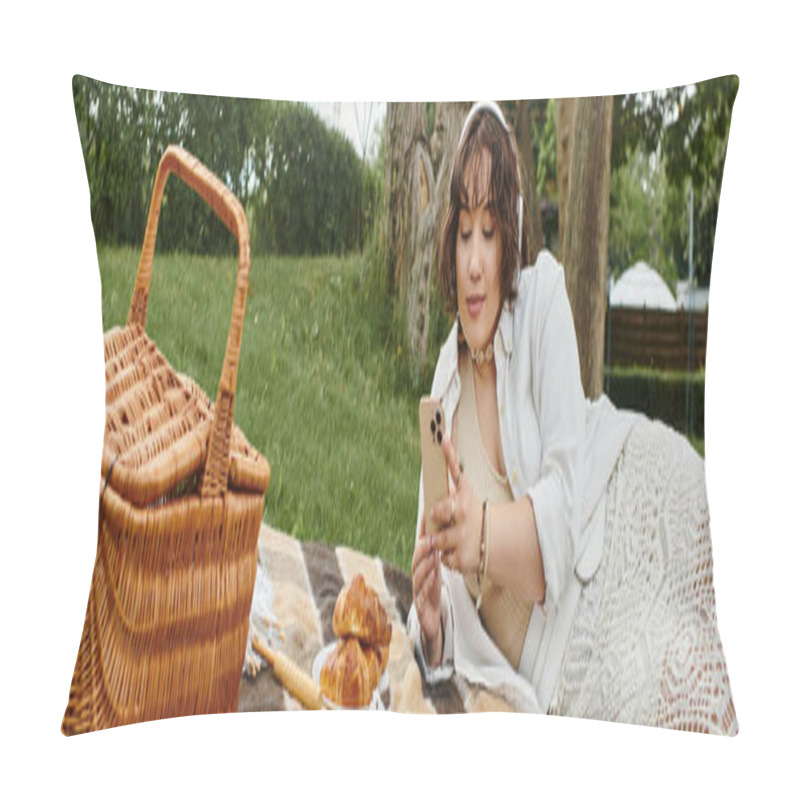 Personality  A Young Woman Lounges In A White Shirt, Enjoying A Sunny Day At A Picturesque Summer Picnic. Pillow Covers