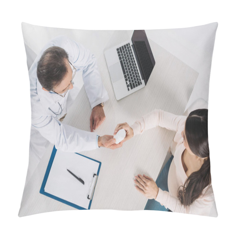 Personality  Overhead View Of Doctor Giving Pills To Female Patient Pillow Covers