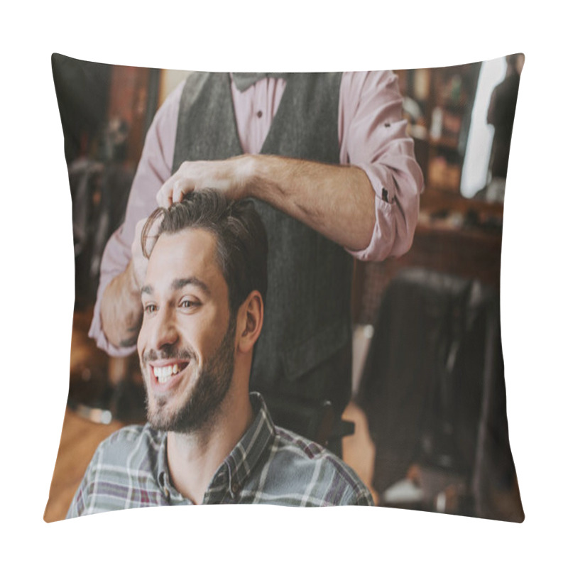 Personality  Barber Styling Hair On Cheerful Bearded Man  Pillow Covers