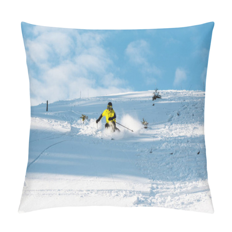 Personality  Sportsman In Helmet Holding Ski Sticks While Skiing On Slope Outside  Pillow Covers