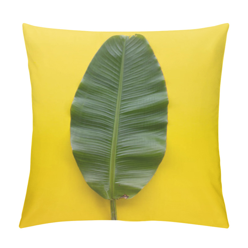 Personality  Green Tropical Leaf On Yellow Background Design For Eco Background Or Jungle Wallpaper Background. Pillow Covers