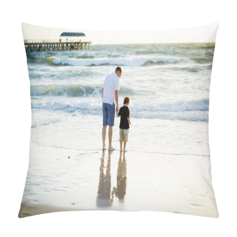 Personality  Happy Father Holding Holding Hand Of Little Son Walking Together On The Beach With Barefoot Pillow Covers