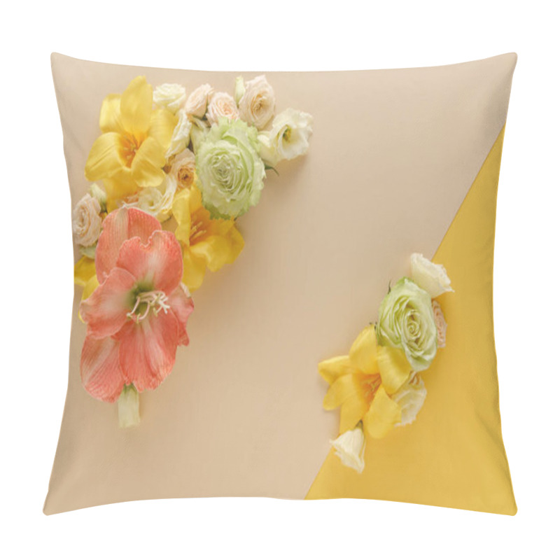 Personality  Top View Of Spring Floral Bouquets On Beige And Yellow Background Pillow Covers