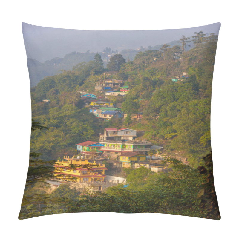 Personality  January 09,2024.Kurseong, West Bengal. India. Vertical View Of Hillside Buildings. Pillow Covers