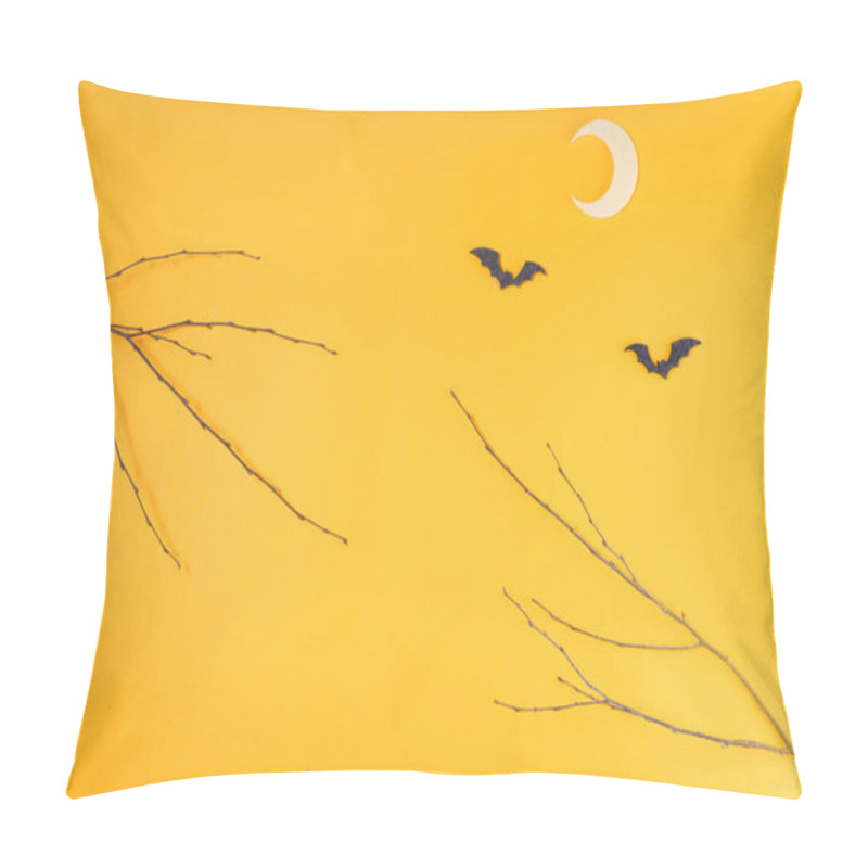 Personality  Halloween Flat Lay Top View Scene With Bats And Moon On Bright Orange Background With Copy Space Pillow Covers