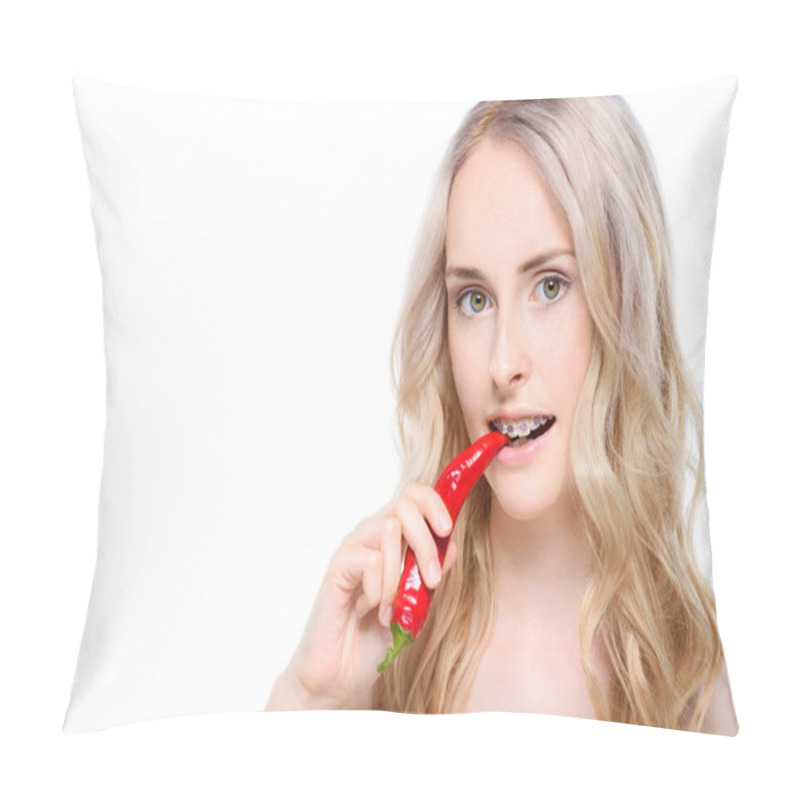 Personality  Woman Taking Bite Of Chili Pepper Pillow Covers