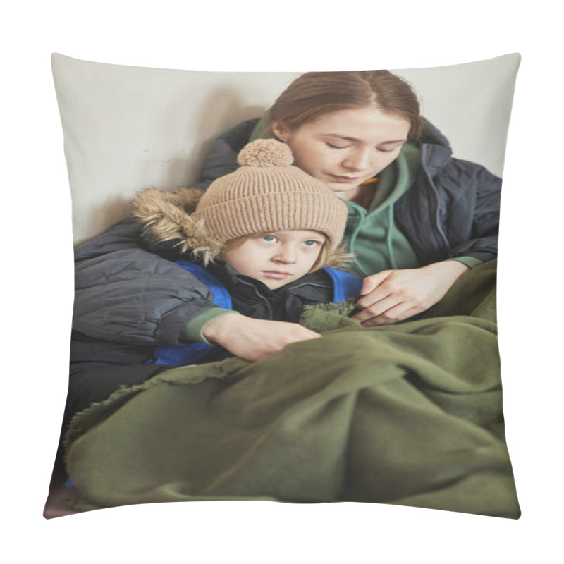 Personality  Vertical Portrait Of Young Caucasian Brother And Sister Hiding Together In Shelter During War Crisis Pillow Covers