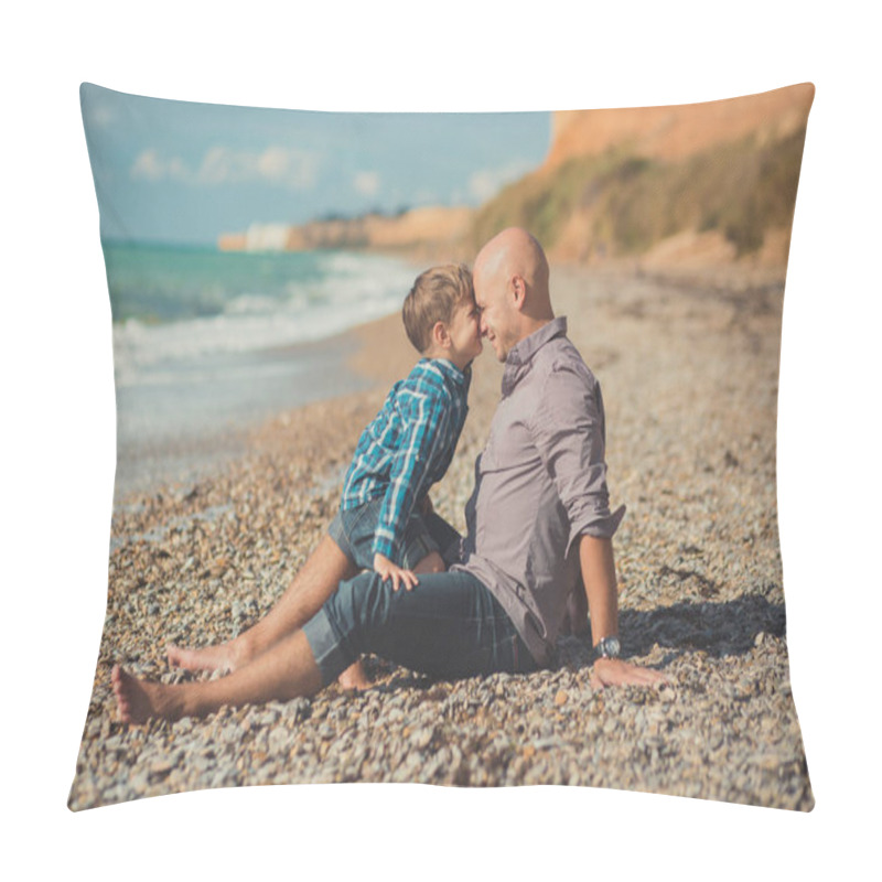 Personality  Touching Appealing Scene Of Father And Son Enjoy Summer Vacation Together Playing On Stone Beach Wearing Stylish Shirt And Fashion Blue Jeans Both Barefoot With Adore Landscape On Background Pillow Covers