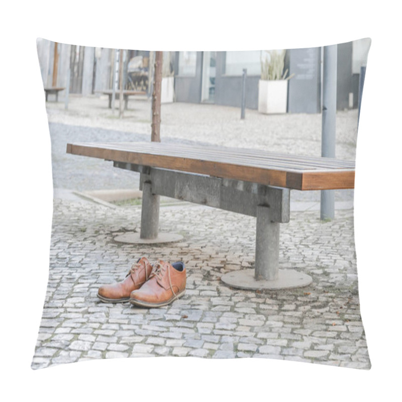 Personality  Brown Leather Shoes On A Cobblestone Pavement Next To A Bench In An Urban Setting. Pillow Covers