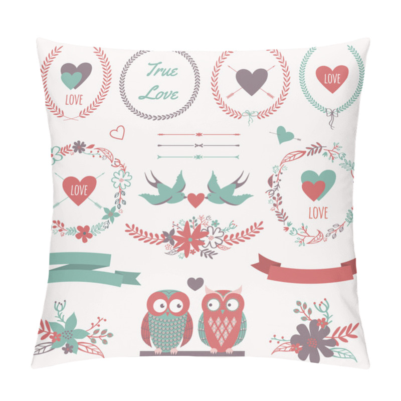 Personality  Vector Romantic Set With Bouquets, Birds, Hearts, Arrows, Ribbon Pillow Covers