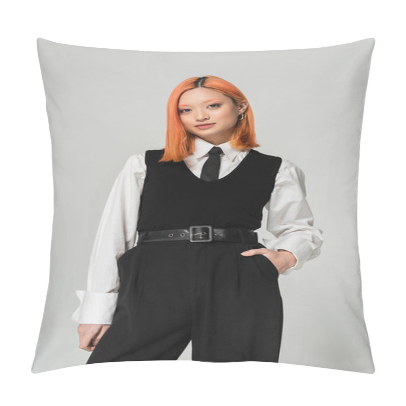 Personality  Attractive Asian Woman With Expressive Gaze Holding Hand In Pocket And Looking At Camera On Grey Background, Dyed Red Hair, White Shirt, Black Tie, Vest And Pants, Business Fashion, Youth Culture Pillow Covers