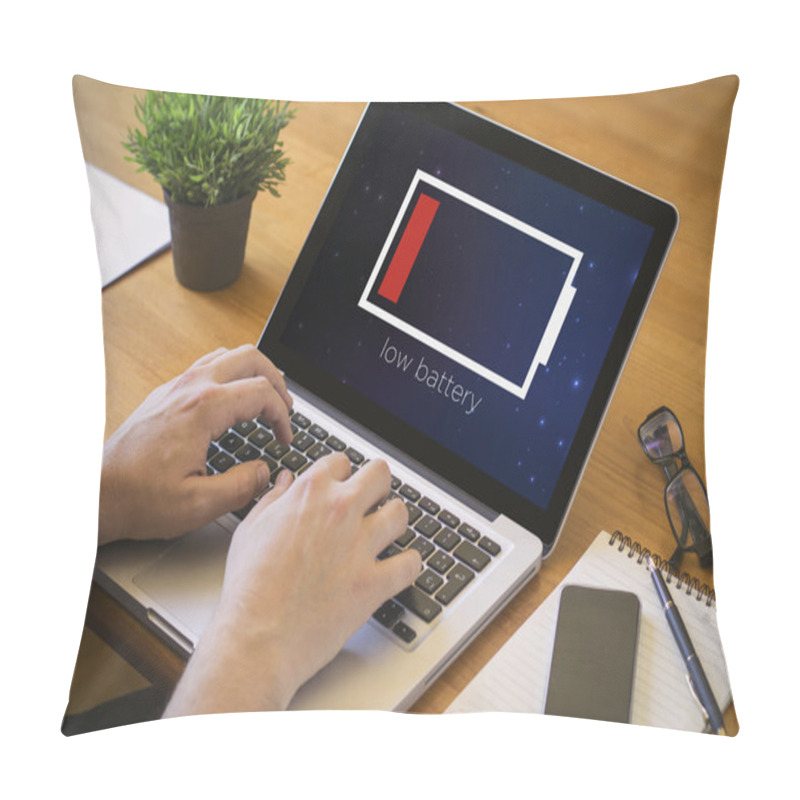 Personality  Man Working On Laptop With Low Battery Pillow Covers