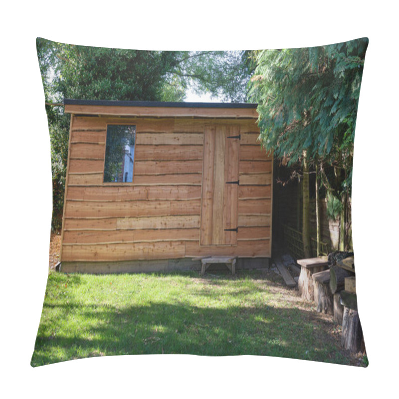 Personality  Waney Edge Rustic Wooden Garden Shed With Door And Window In Sunny Back Garden Surrounded By Mature Green Trees. Pillow Covers