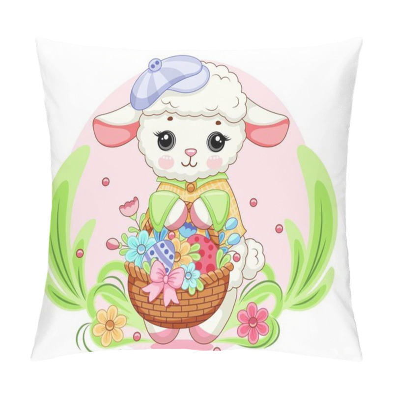 Personality  Easter Sheep Lamb In Purple Cap With Basket Of Flowers Against A Backdrop Of Green Grass. Clipart For Greeting Card, Poster, Postcard, Birthday, Easter. Vector Illustration.  Pillow Covers