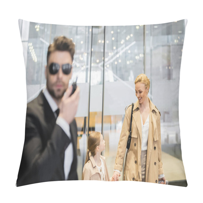 Personality  Bodyguard Concept, Luxury Lifestyle, Blonde Woman And Girl Holding Hands And Walking Inside Of Hotel, Man In Suit Using Radio Transceiver, Protecting Clients On Blurred Foreground, Personal Security  Pillow Covers