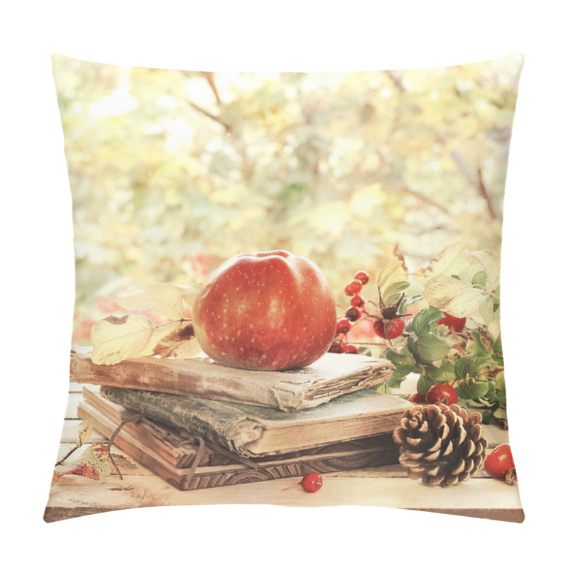 Personality  Old Books, Leaves And Apple In Autumn Scenery Pillow Covers