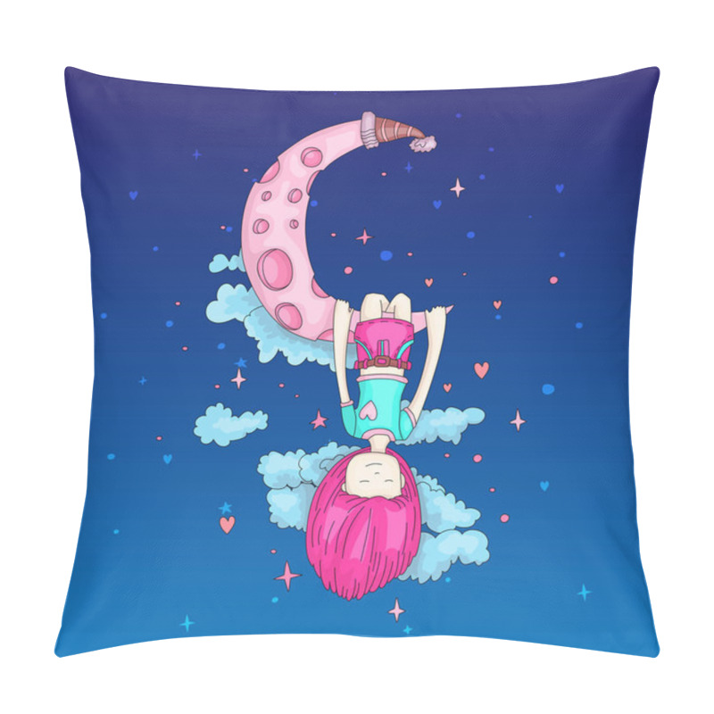 Personality  A Little Girl Sleeping And Dreaming, Hanging On A Crescent Moon Among The Stars And Clouds. Little Girl Dreaming On The Moon. Dreaming Little Girl Vector Cartoon Hand Draw Illustration On Blue. Pillow Covers