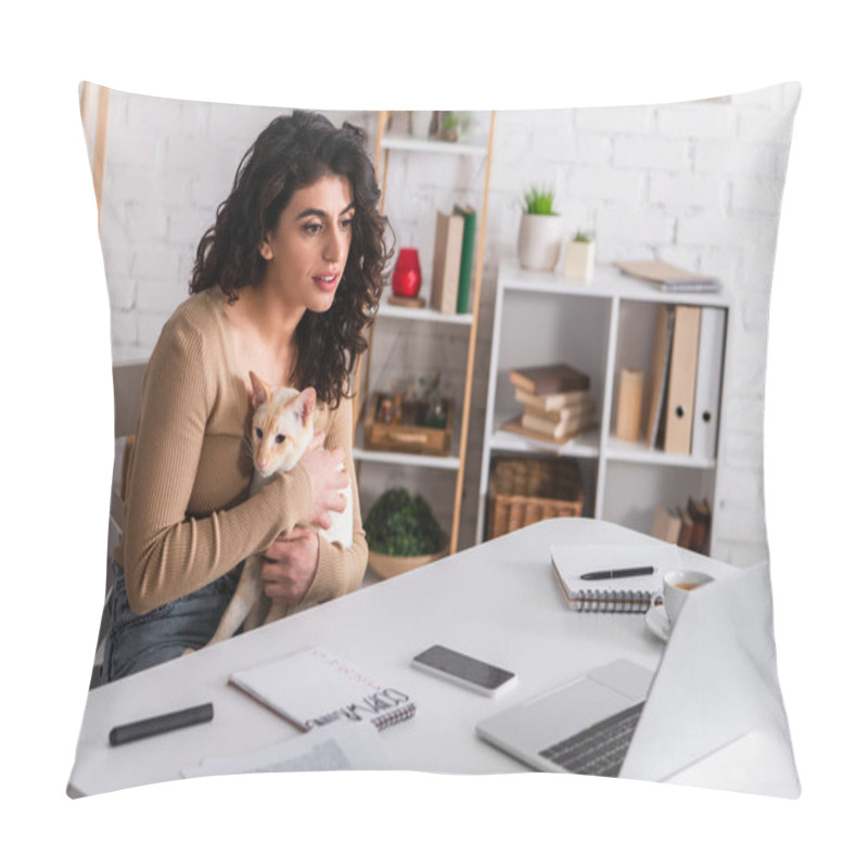 Personality  Brunette Woman Holding Oriental Cat Near Gadgets And Notebooks At Home  Pillow Covers