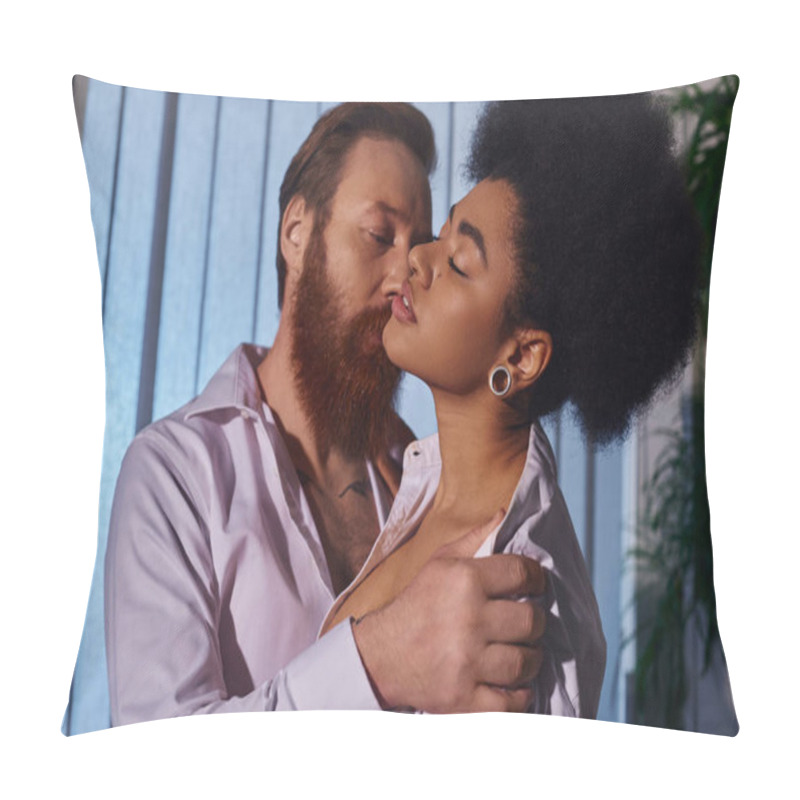 Personality  Sensual African American Woman With Closed Eyes Near Businessman Undressing Her In Office, Seduction Pillow Covers