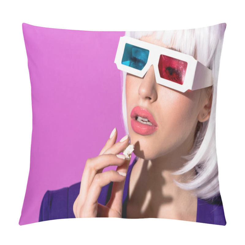 Personality  Dreamy Girl In 3d Glasses Eating Popcorn Isolated On Purple  Pillow Covers