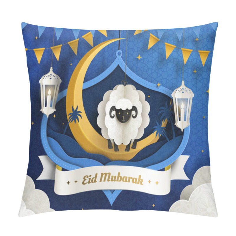 Personality  Lovely Eid Mubarak Paper Art Design With Hanging Sheep And Crescent On Blue Tone Pillow Covers