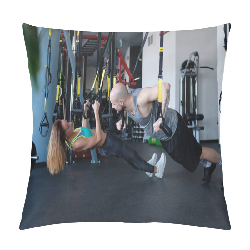 Personality  Sporty Couple Workout In The Gym, Doing Exercise With Functional Loops. Pillow Covers