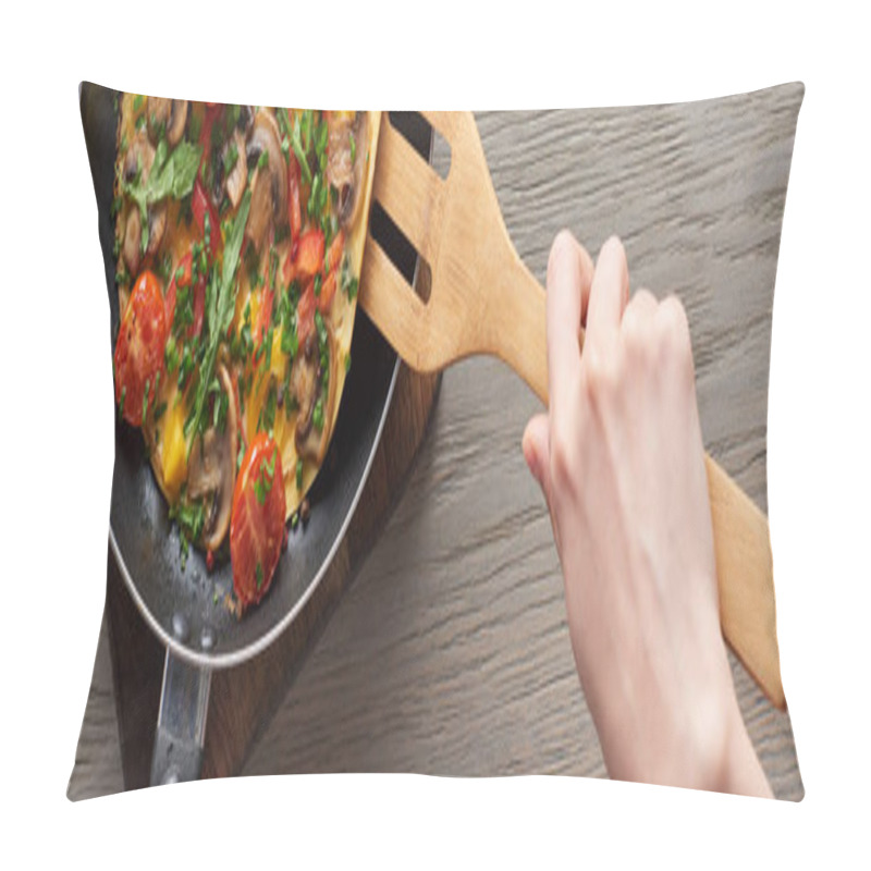 Personality  Cropped View Of Woman Cooking Omelet With Mushrooms And Tomatoes On Frying Pan With Wooden Shovel Pillow Covers