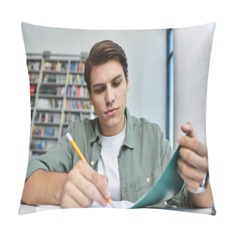 Personality  A Dedicated Young Man Immersed In His Studies, Taking Notes With A Pencil. Pillow Covers