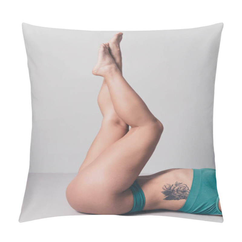 Personality  Elegant Depiction Of A Fit Womans Legs In Stylish Underwear, Reflecting Body Care And Confidence Against A Bright Studio Backdrop. Pillow Covers