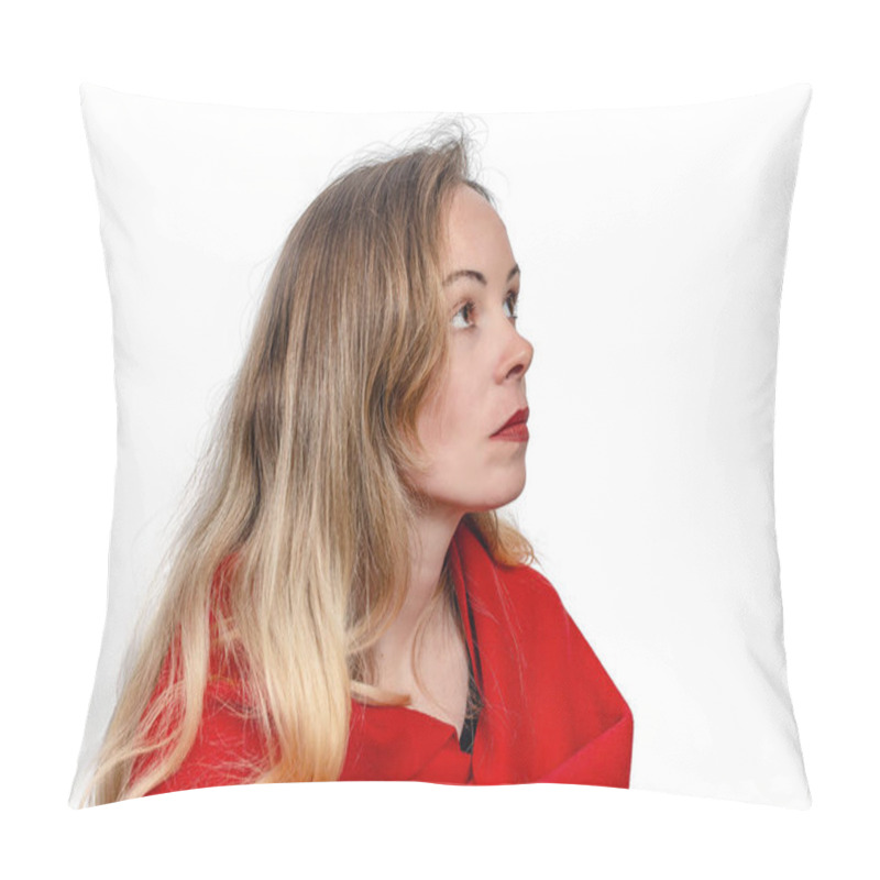 Personality  Side View Of Thoughtful Blonde Woman In Red Scarf, On White Background. Looking Up. Close Up Pillow Covers