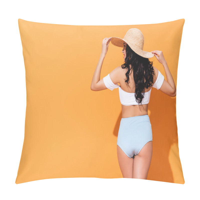 Personality  Happy And Stylish Girl In Straw Hat Standing On Orange  Pillow Covers