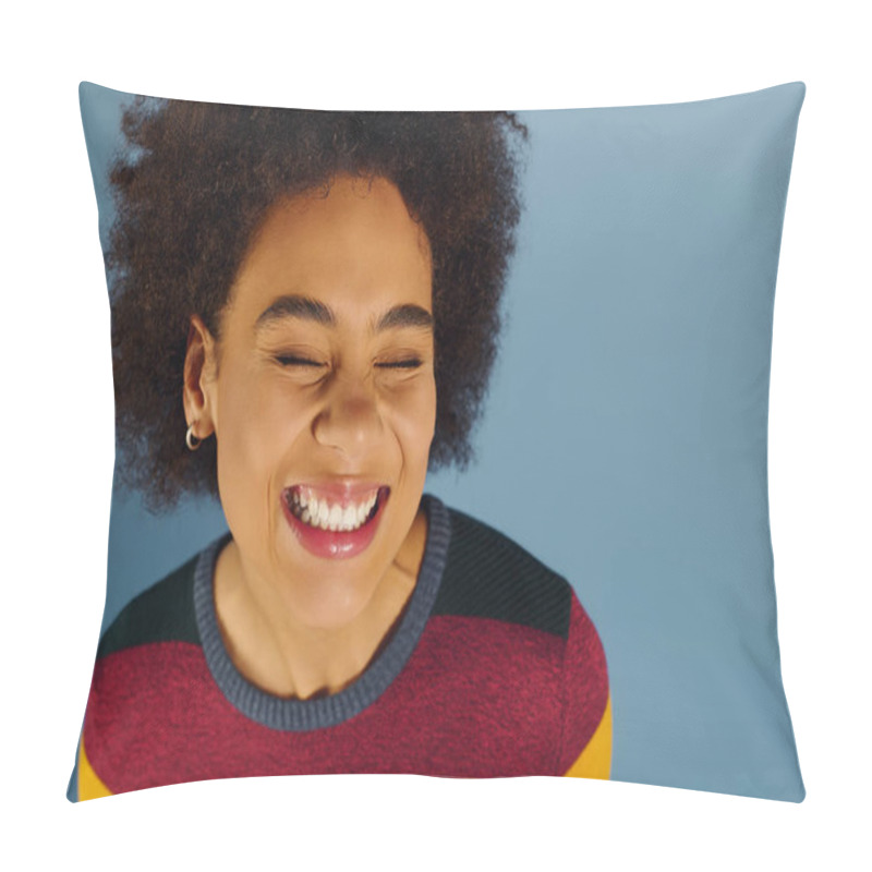 Personality  A Young Woman With Vivid Curls Beams With Joy, Illuminating The Soft Blue Backdrop. Pillow Covers