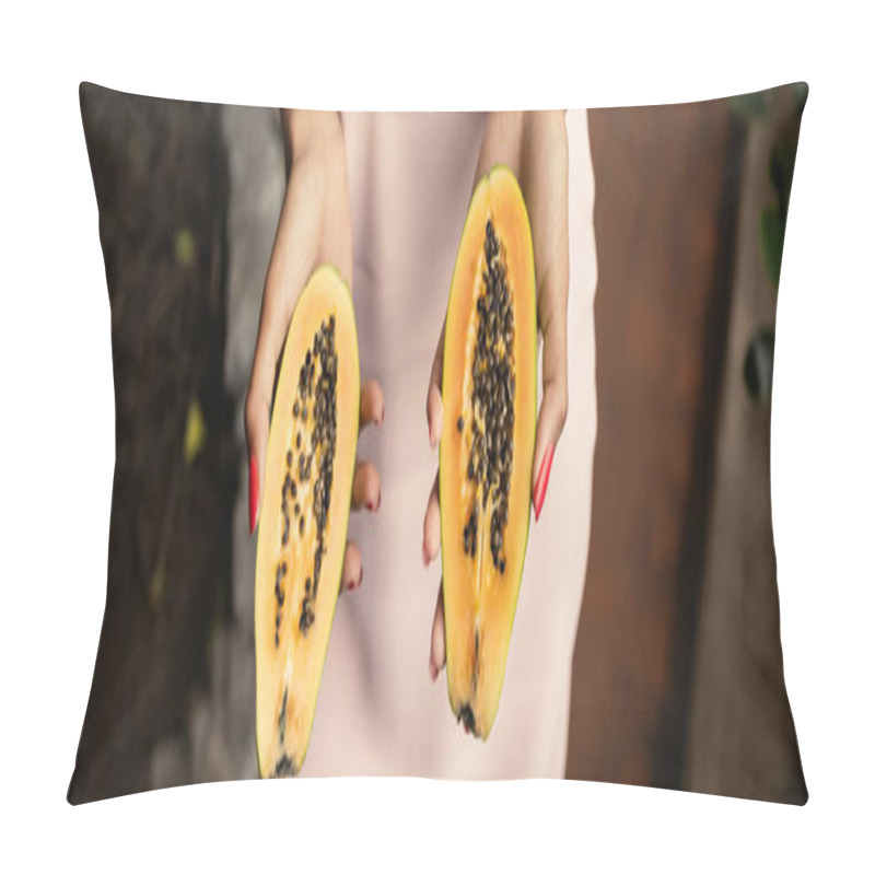 Personality  Cropped View Of Young African American Woman In Summer Dress Holding Cut And Fresh Papaya While Standing In Blurred Indoor Garden, Fashion-forward Lady Inspired By Tropical Plants, Banner  Pillow Covers