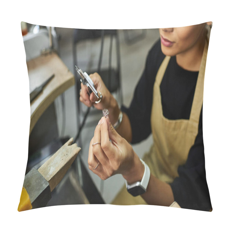 Personality  An Artist Meticulously Shapes Exquisite Jewelry While Surrounded By Elegant Tools And Materials. Pillow Covers