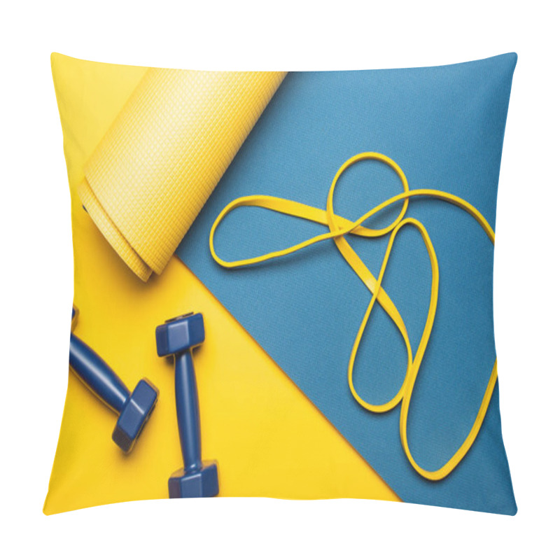 Personality  Top View Of Blue Fitness Mat With Dumbbells And Resistance Band On Yellow Background Pillow Covers