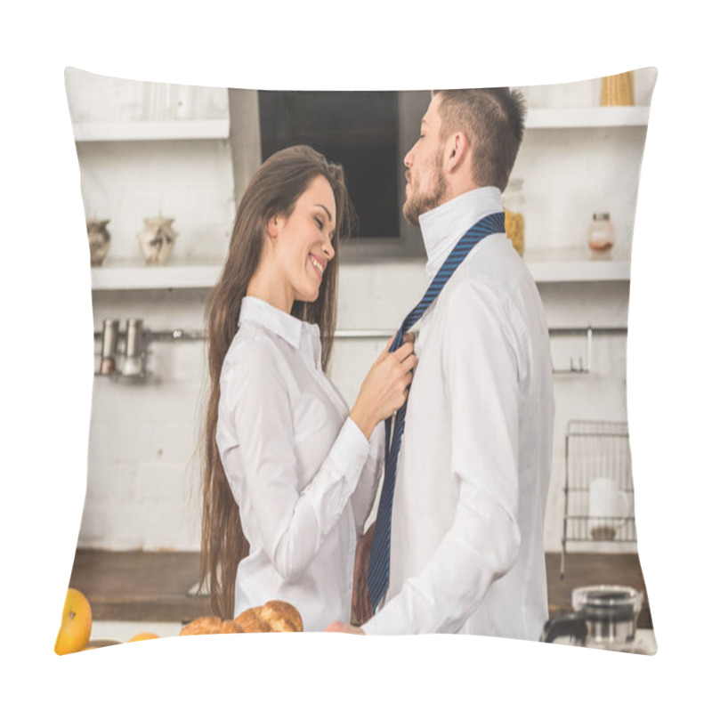 Personality  Side View Of Girlfriend Tying Boyfriend Tie In Morning At Kitchen, Sexism Concept Pillow Covers