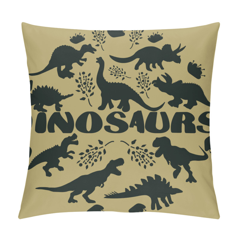 Personality  Black Silhouette Dinosaurs Round Flat Hand Drawn Composition.  Pillow Covers