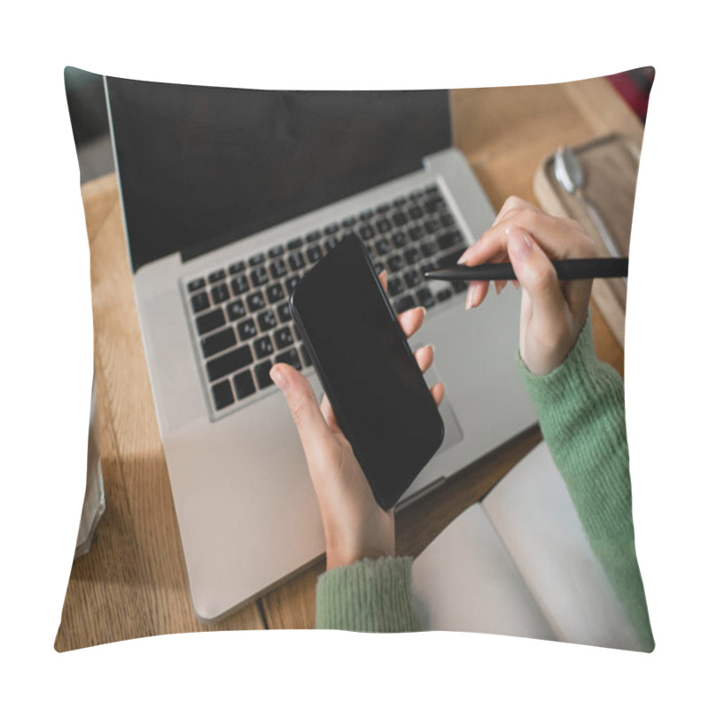 Personality  Cropped View Of African American Woman Holding Smartphone With Blank Screen Near Laptop, Glass Of Latte And Notebook  Pillow Covers