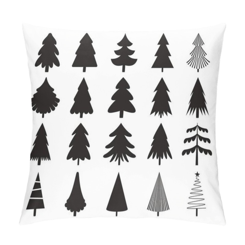 Personality  Black Christmas Tree Icons. Seamless Print Of Winter Holiday Trees With Ornaments, Snowflakes And Presents. Vector Monochrome Background Of Xmas Forest, Pine And Fir Illustration Pillow Covers