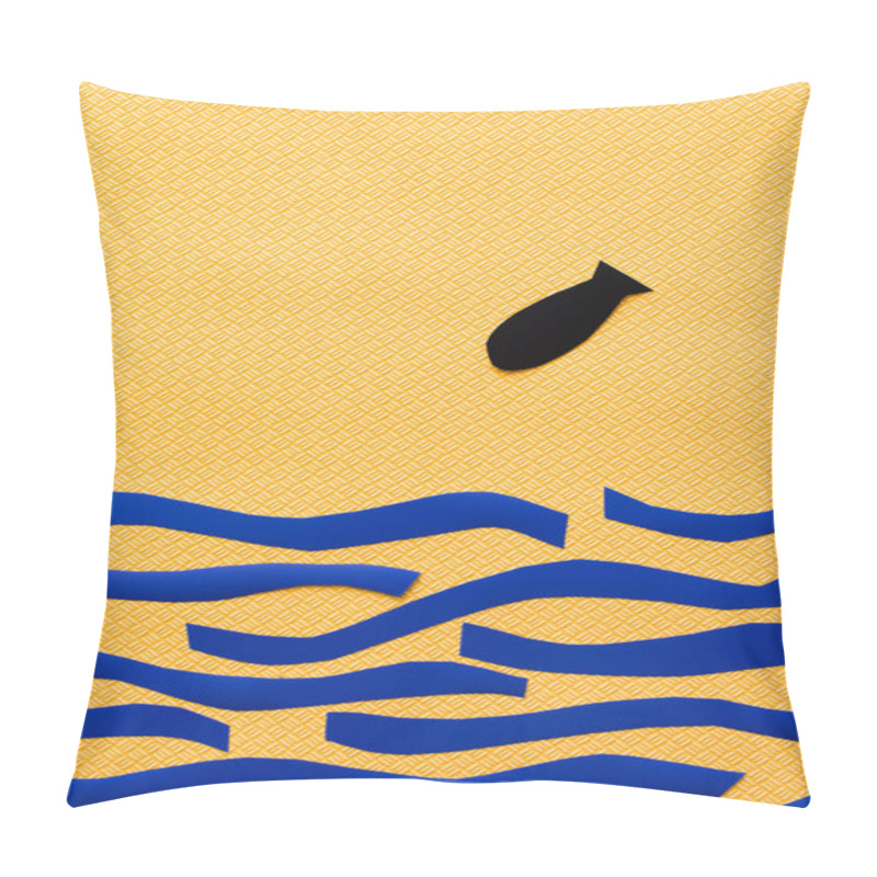 Personality  Top View Of Paper Bomb Above Carton Blue Sea On Textured Yellow Background, War In Ukraine Concept  Pillow Covers