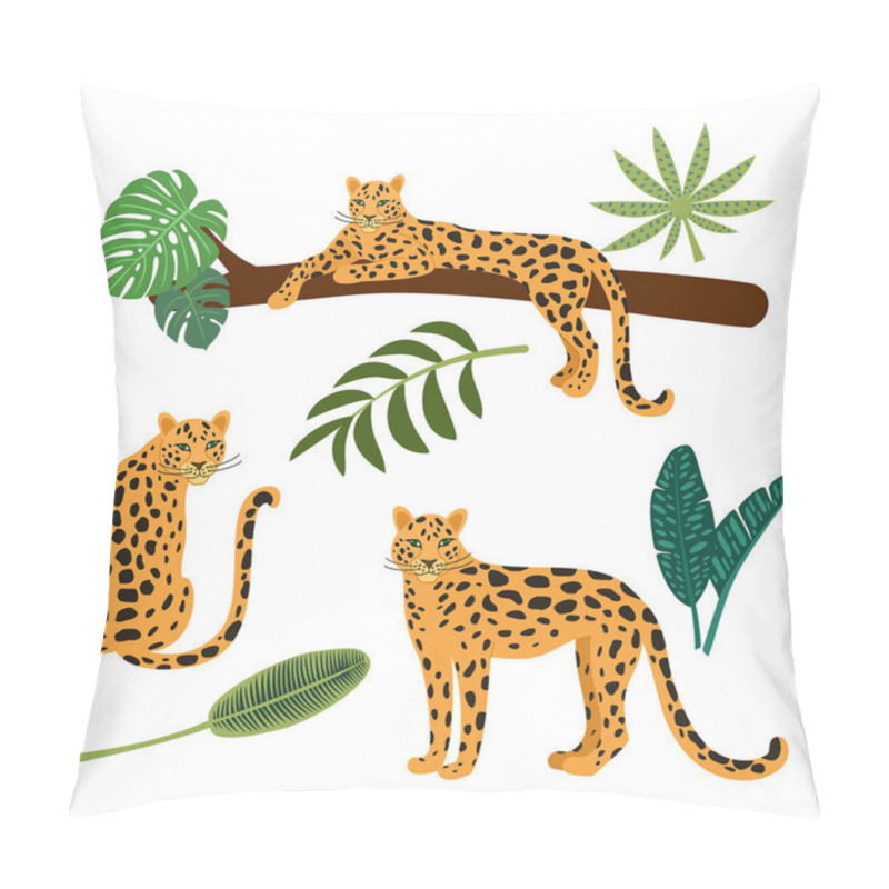 Personality  Collection Of Leopards And Tropical Leaves. Vector Illustrations Isolated On White Background. Pillow Covers