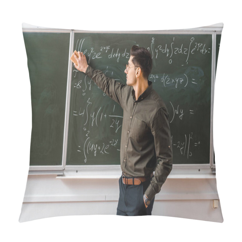 Personality  Male Teacher In Formal Wear Wiping Mathematical Equations With Sponge In Classroom Pillow Covers