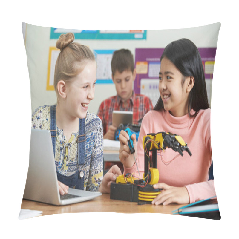 Personality  Two Female Pupils In Science Lesson Studying Robotics Pillow Covers